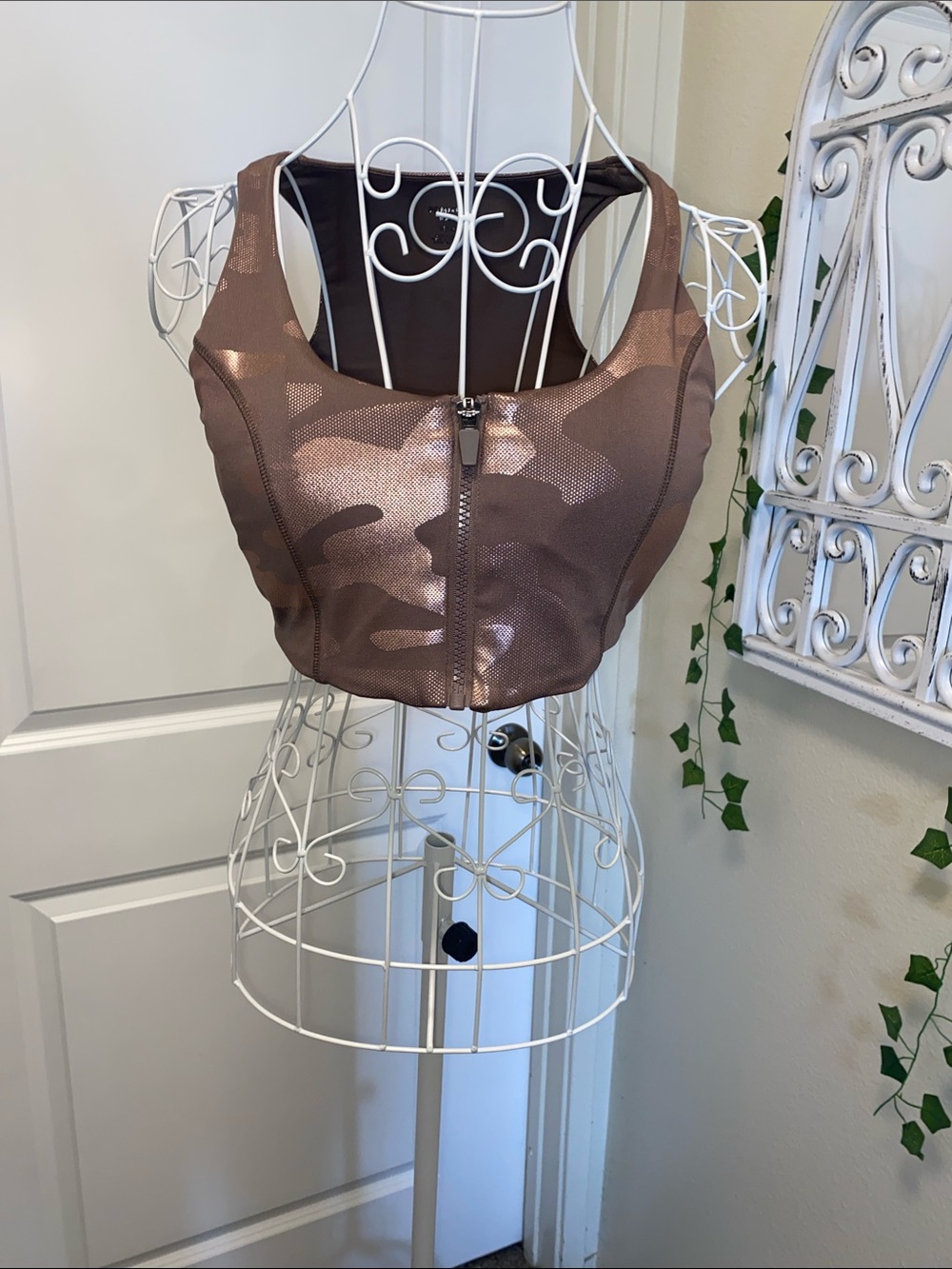 No Boundaries Brown Metallic Camo Zip-Front Crop Tank